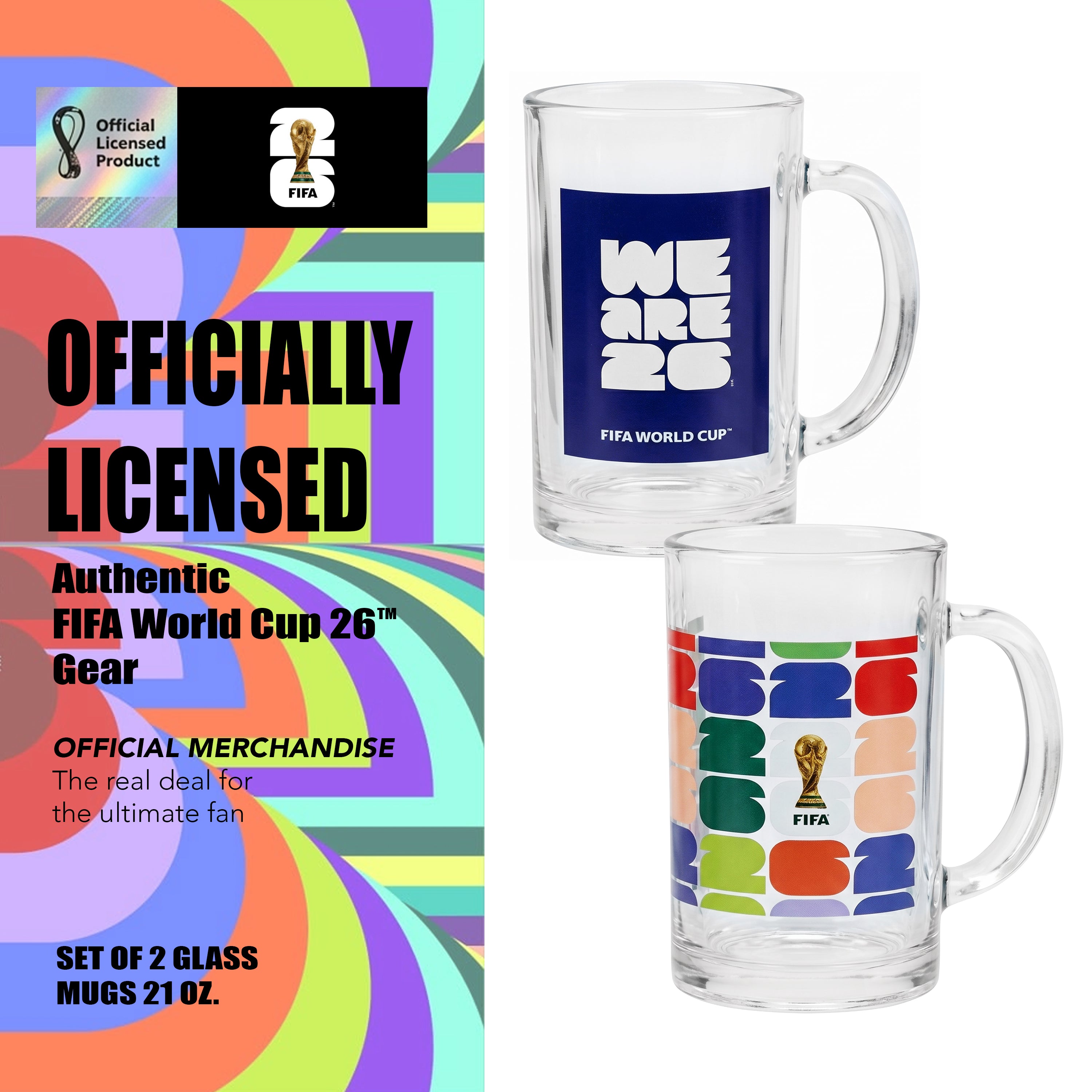 FIFA We Are 26 & Trophy Set of 2 Glass Mugs With Handle  21 OZ.