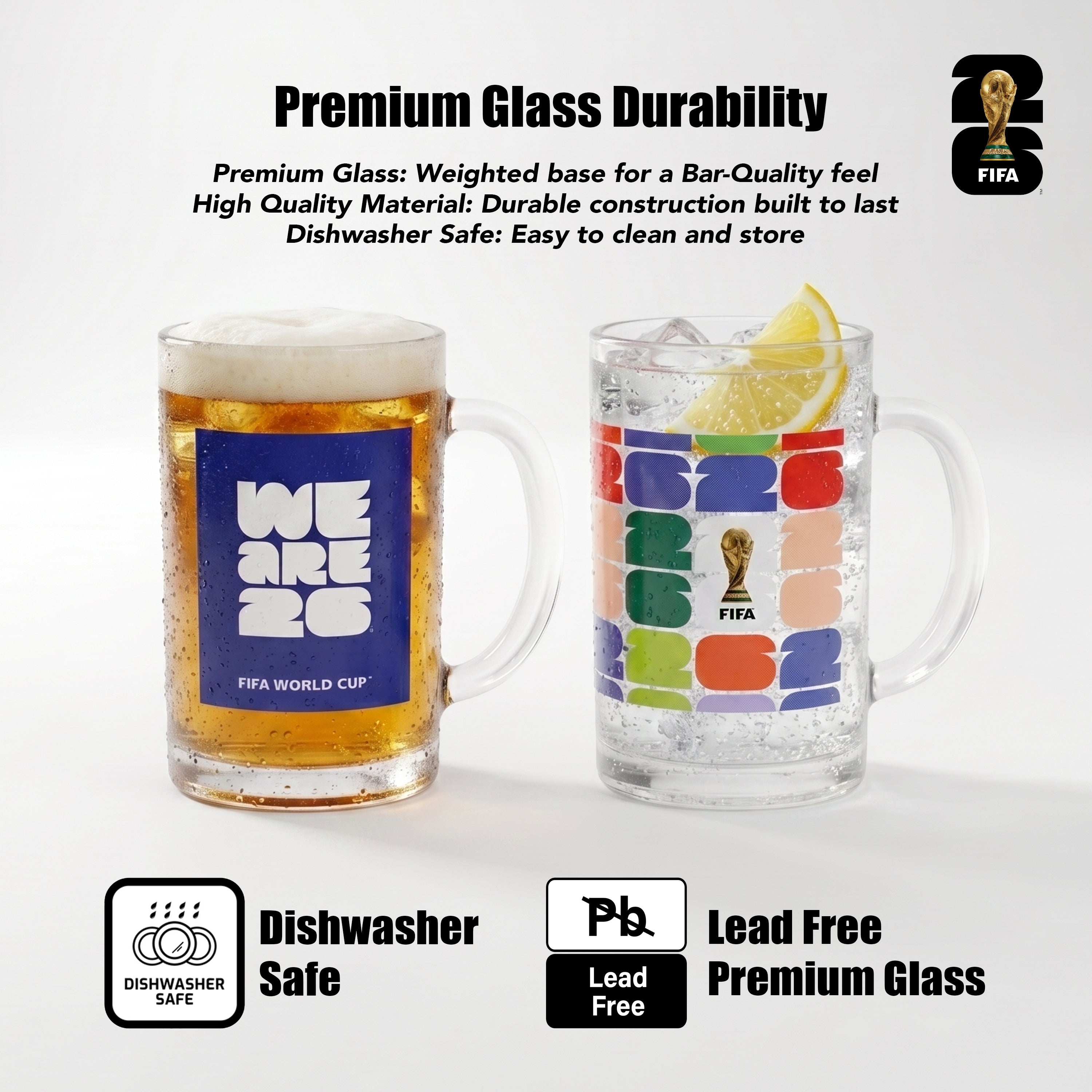 FIFA We Are 26 & Trophy Set of 2 Glass Mugs With Handle  21 OZ.