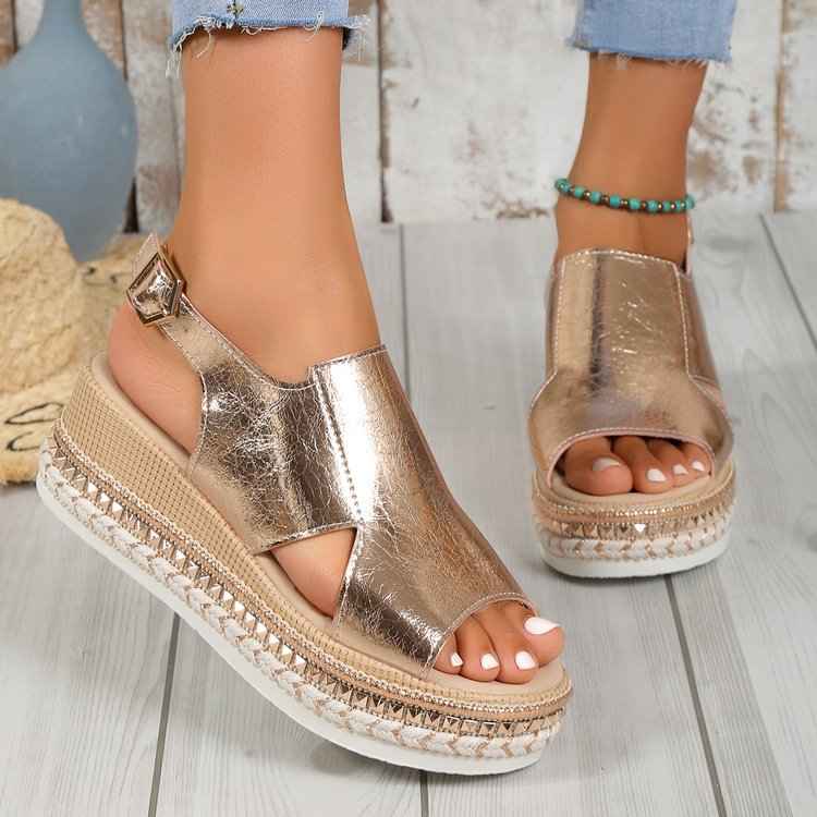 Women's Shiny Hollow Wedge Sandals - Fish Mouth Peep Toe Buckle Strap Summer Shoes