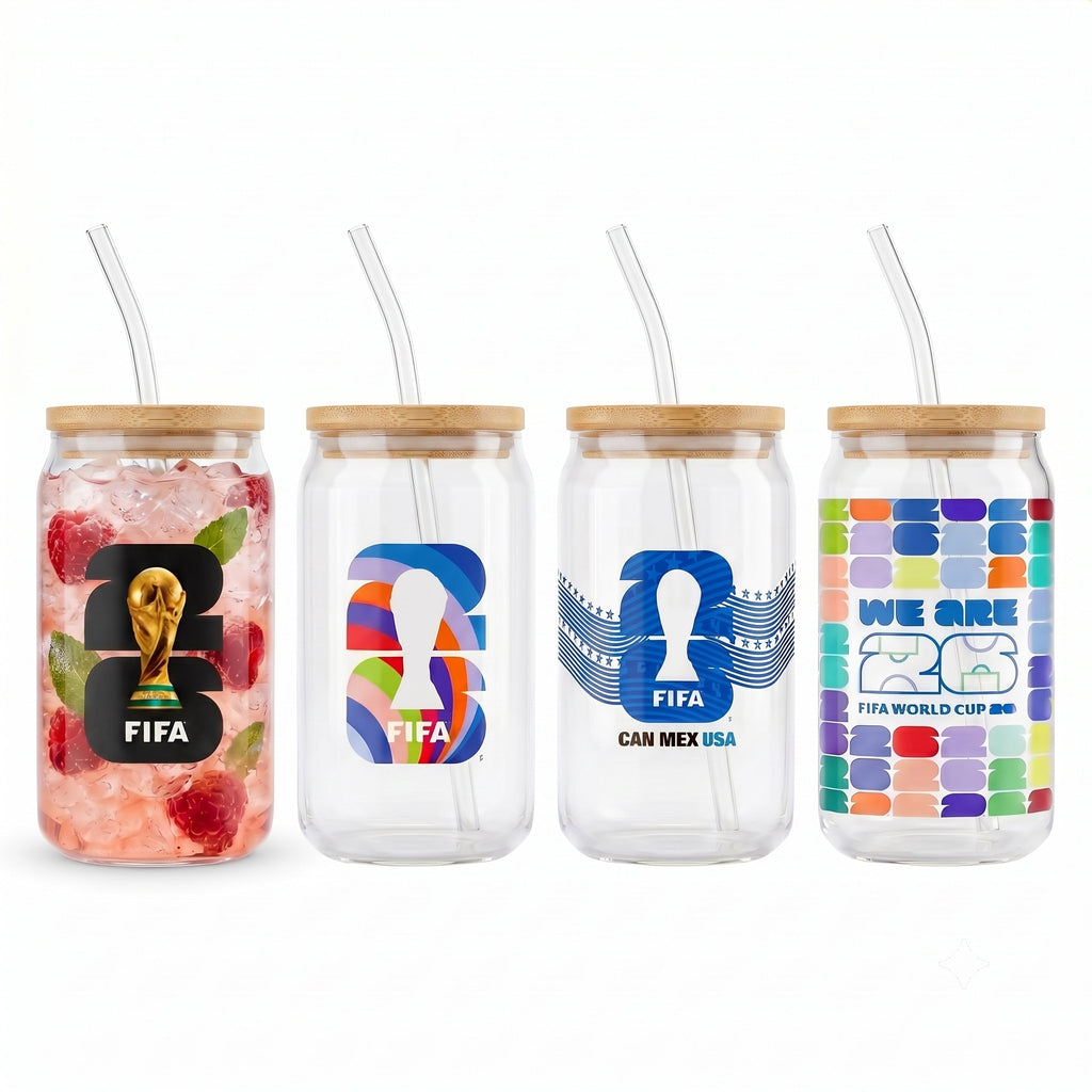 Official FIFA World Cup 2026 Edition 16 Oz Glass Sippers Bamboo lids with Glass Straws
