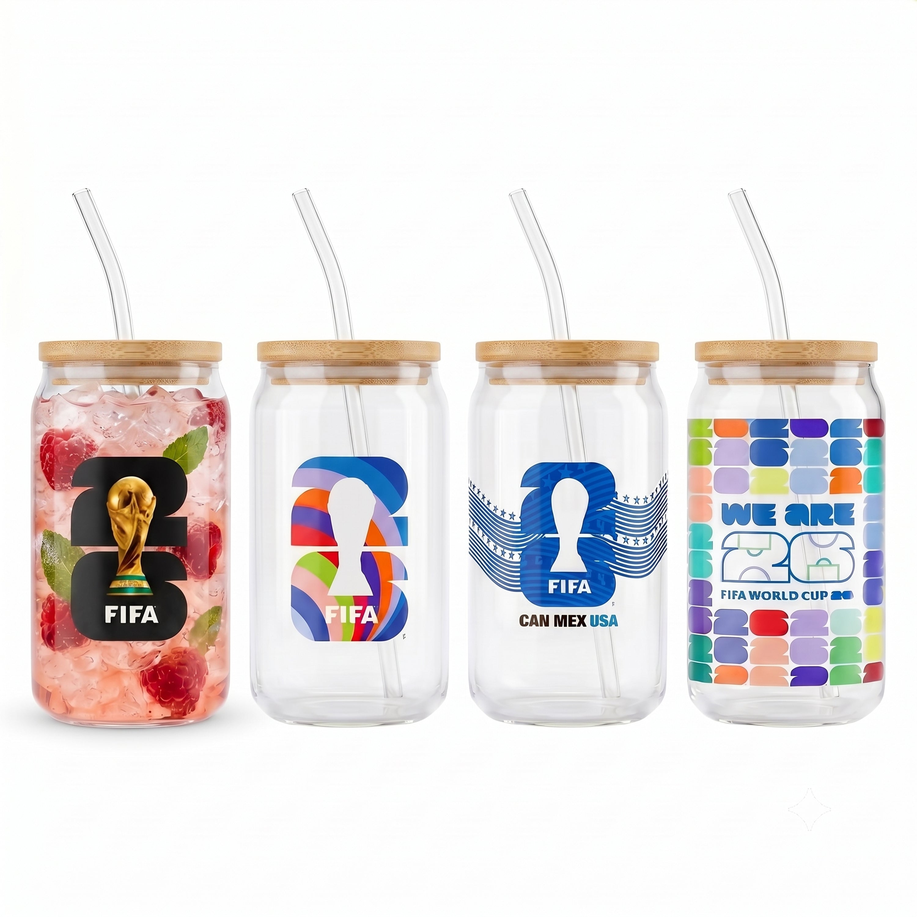 Official FIFA World Cup 2026 Edition 16 Oz Glass Sippers Bamboo lids with Glass Straws