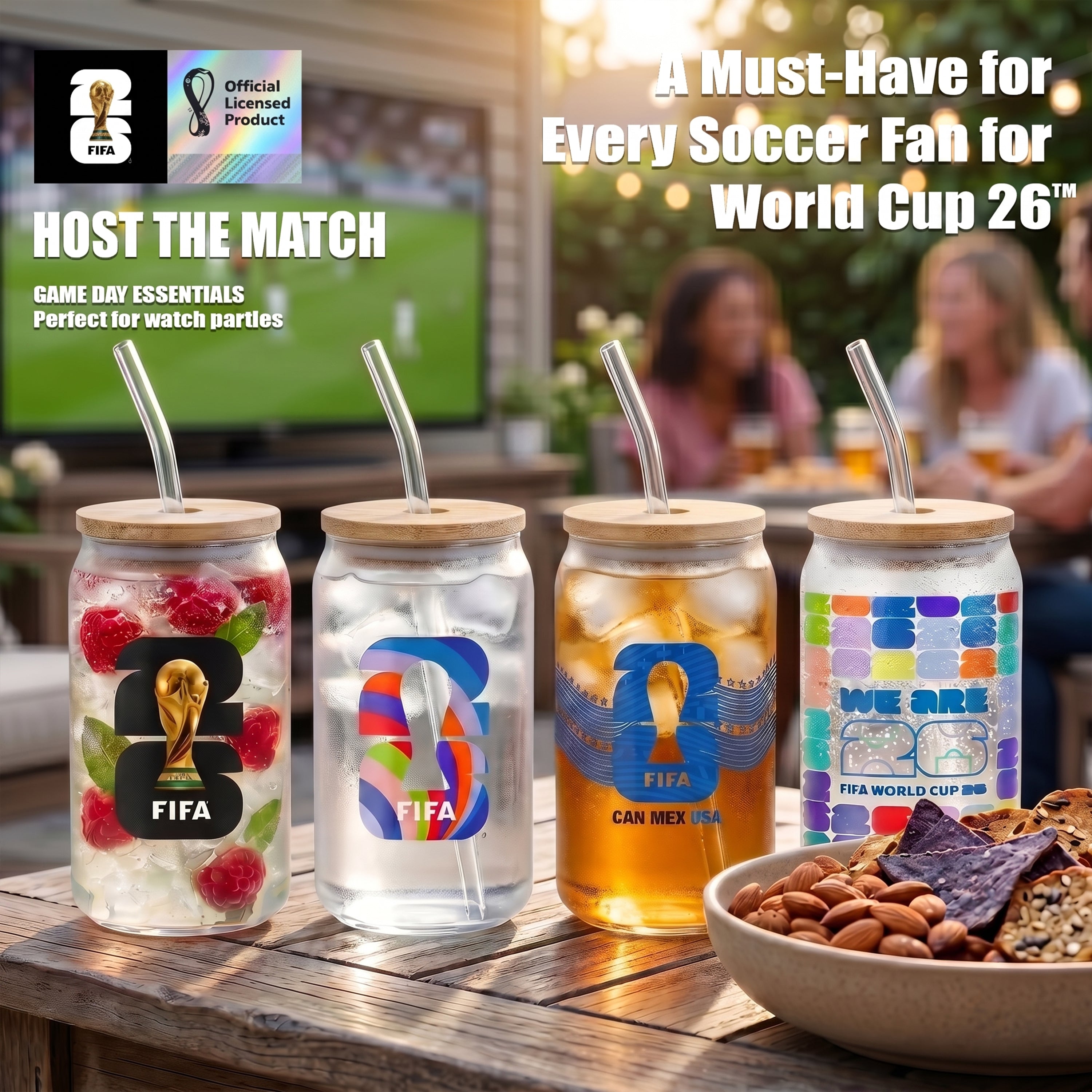 Official FIFA World Cup 2026 Edition 16 Oz Glass Sippers Bamboo lids with Glass Straws