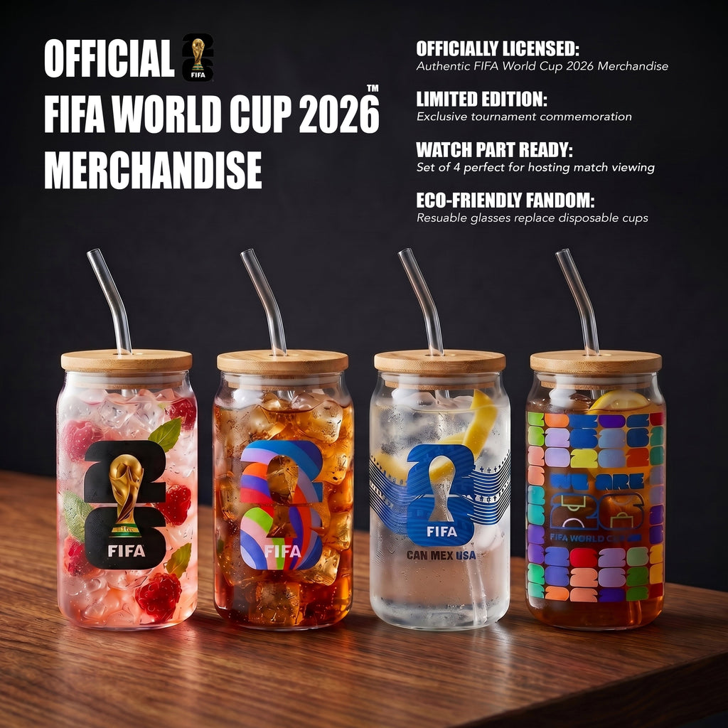 Official FIFA World Cup 2026 Edition 16 Oz Glass Sippers Bamboo lids with Glass Straws