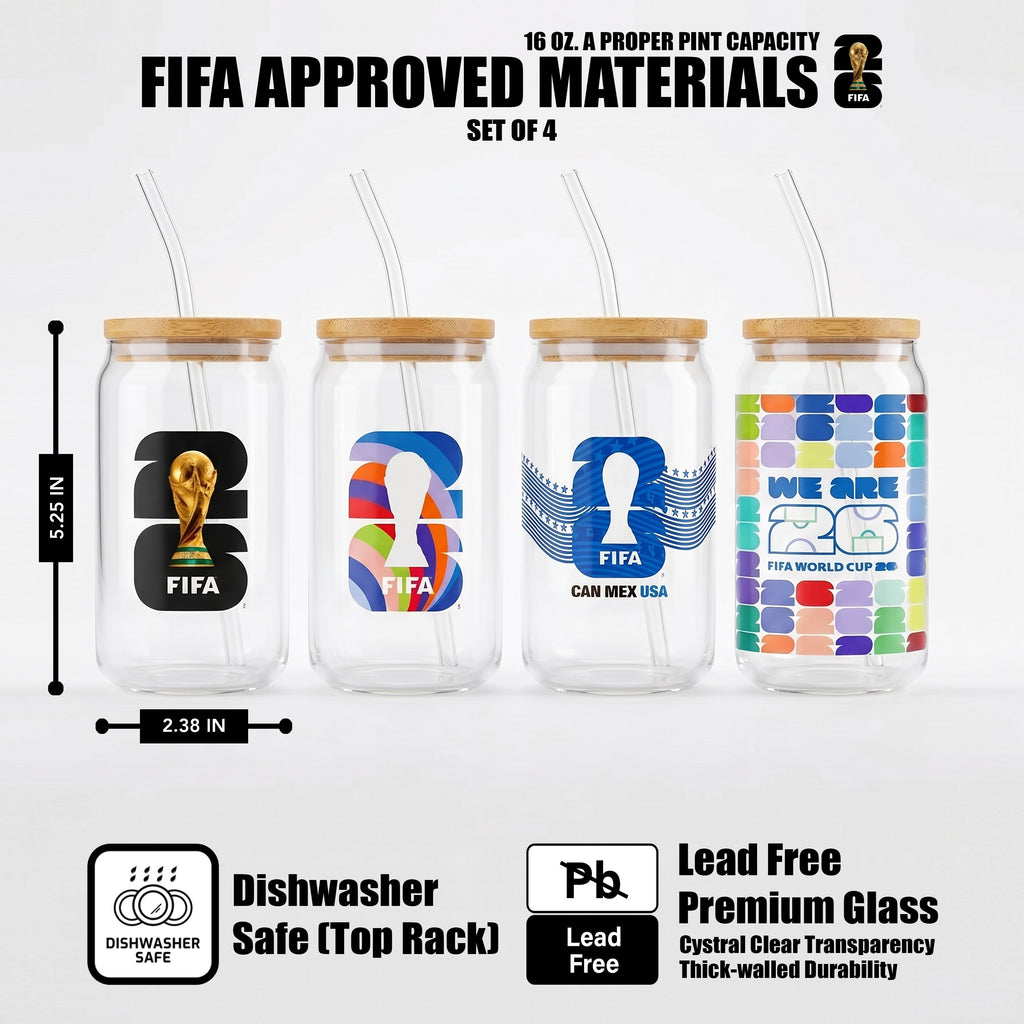 Official FIFA World Cup 2026 Edition 16 Oz Glass Sippers Bamboo lids with Glass Straws