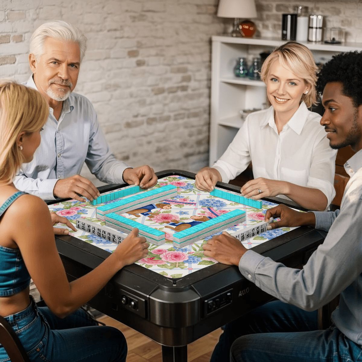 Mahjong Monkey Floral Infusion Hydrangeas Blue And Pink Mahjong Mat