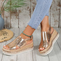 Women's Shiny Hollow Wedge Sandals - Fish Mouth Peep Toe Buckle Strap Summer Shoes