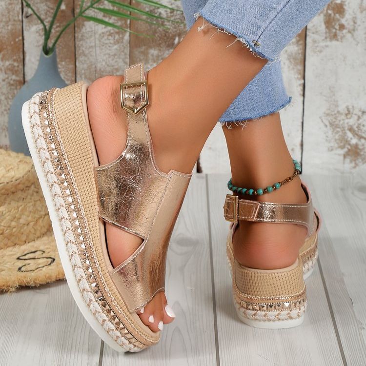 Women's Shiny Hollow Wedge Sandals - Fish Mouth Peep Toe Buckle Strap Summer Shoes