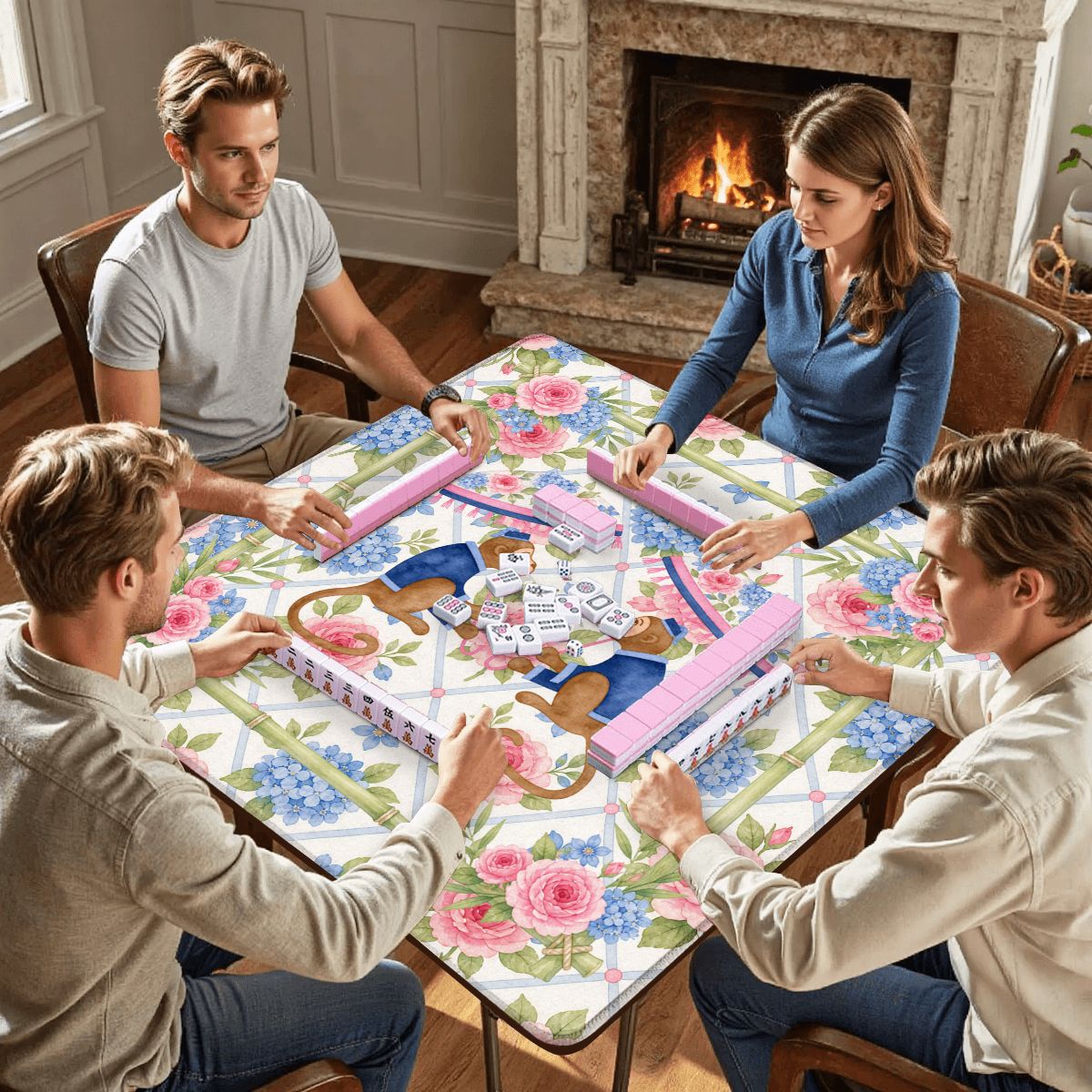 Mahjong Monkey Floral Infusion Hydrangeas Blue And Pink Mahjong Mat